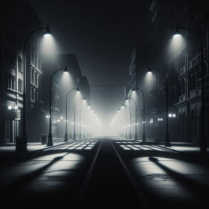 A scene of a deserted street at night, with dim streetlights cas...