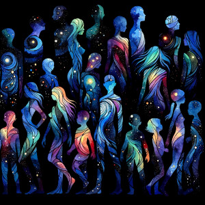 A black background with watercolor designs scattered around, sca...