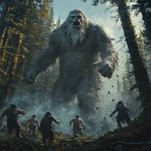 A group indegionous i dians chase a towering, hair-covered human...