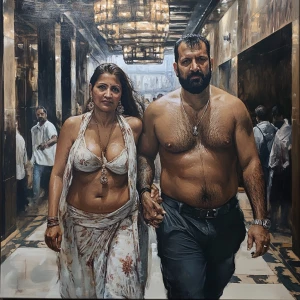 realistic painting 1:1,A sweaty beefy man walking with his 54 ye...