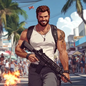 White muscular thin man with beard, big chin, smile and cheekbon...
