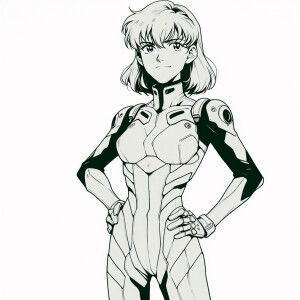 1990s anime screencap, girl a plugsuit, standing with hands on h...