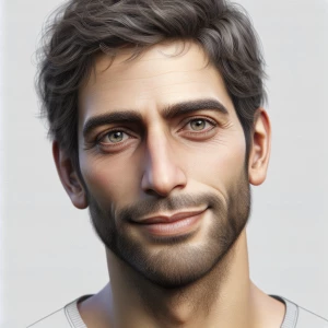 Create a realistic portrait of a man in his 30s with expressive...