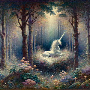 In a mysterious, veiled forest clearing, an arcane exquisite fam...