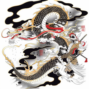 Outlined image of gold eyed Chinese dragon with the main color o...