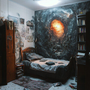 Portal to purgatory on the wall of my messy bedroom, lifelike im...