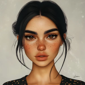 girl with black hair, big black eyebrows, pumped up lips, potato...