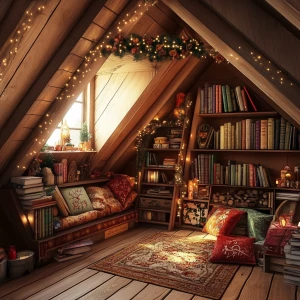 Create a gingerhouse themed attic with books, cute, warm
