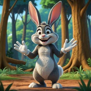 “Anthropomorphic cartoon rabbit with long floppy ears, white glo...