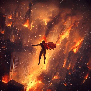 You are a graphic designer who is an expert in Photoshop. Create an image of a superhero flying over a burning city.