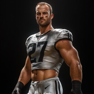 Create a whole body portrait image of a  football player at age...