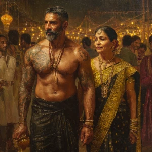 Hyperrealistic oil painting .a muscular beefy sweaty tattoed ind...