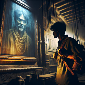 A man with a backpack stands in an old gloomy room in which a cr...