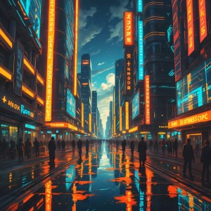 In the bustling gilded solar cyberpunk street, the sun's rays gl...
