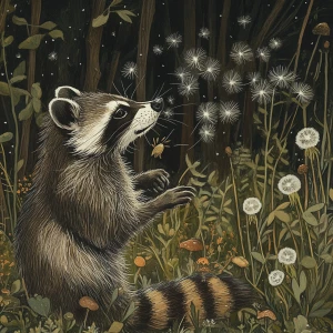 Raccoon blowing on dandelion seeds in forest among forest friend...