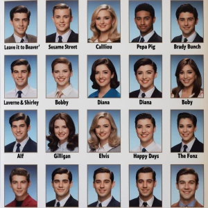 Realistic image of a yearbook page featuring student photographs...