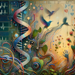 circuitry, diagrams Cellular structures, DNA, circuit boards, colorful wires,  asian and Egyptian  graffiti, lie detector graphs, cardio, printout , branches infinity sign, cave, Art, handprints, distant birds flying, flowering vines, abstract gestural painting, dna