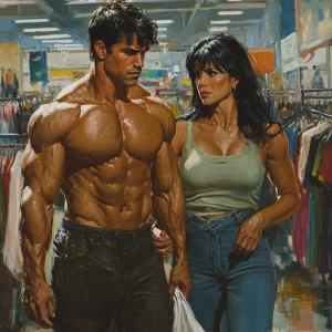 Realism art,A muscular man, glistening with sweat, walks with hi...