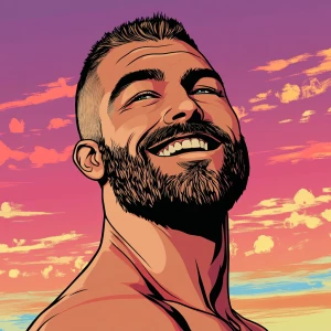 White muscular thin man with beard, big chin, smile and cheekbon...