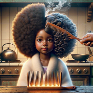 Create a realistic 3-D image of an african-American grandmother in the kitchen with her african-American granddaughter. The grandmother has a hot comb in her hair and she is straightening her granddaughters hair. One side of her granddaughters hair is in  a Afro the other is bone straight 
There is smoke coming from the hot comb