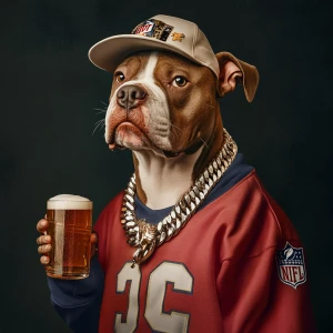 Create an image of a pit bull wearing a white gold chain and a Washington Commander’s cap and football jersey. He is also holding a beer