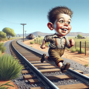 Comical caricature of a young boy running away, walking along th...