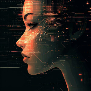 Vector-style realistic woman with a futuristic twist: her skin p...