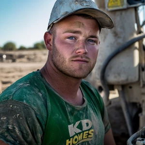 Brian Nobles a real 28 year old Caucasian male who is using  a concrete mixer, he is a  pump operator holding the hose which carries the liquid concrete to the foundation pour, Brian is slowly  beginning his transition into adult maturity , Brian Nobles is beginning to look like a grown man, he has large reflective blue eyes and a wrinkled brow,Brian is now balding , prominent large protruding round fat obese belly,,thick greying goatee beard, healthy muscle mass ,very noticeable male pattern balding hairline, Brian Nobles now has a  prominent receding and thinning male hairline (onset male pattern baldness), slightly fat overweight(Caucasian)wearing tight body conforming  glossy satin shiny green and gold tight fitting body conforming UnderArmour athletic bodysuit,emblazoned with the "KD HOMES" real estate logo, standing confidently in front of a newly completed constructed new KD HOME in Victorville California in a raw desert landscape. Brian has a protruding fat obese muscular physique, large male bulge, fat obese muscular frame , shows a substantial frame with a noticeable mature hairline and expressive eyes. His workman’s  pose should reflect his experience in his trade.