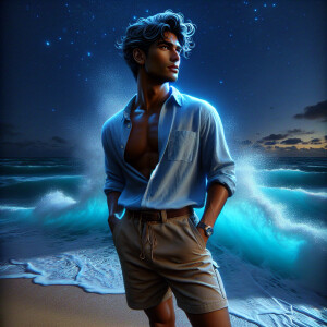 3D image of a beautiful night at the beach. There are glowing li...