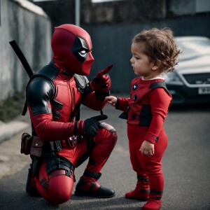 Person in a tailored Flash costume pointing at a toddler in a fo...
