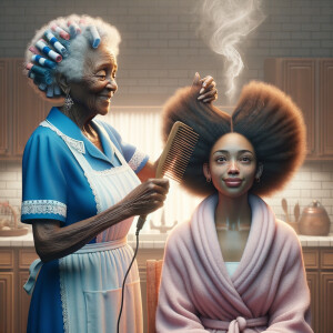 Create a realistic 3-D image of an african-American grandmother wearing a blue house dress and a white apron . She is in the kitchen with her african-American granddaughter. Her granddaughter is wearing a pink bath robe. The grandmother has a hot comb in her hand and she is straightening her granddaughters hair. One side of her granddaughters hair is in  a Afro the other straight 
There is smoke coming from the hot comb
The granddaughter is making a face