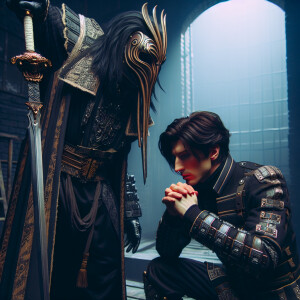 Caranthir-Ar-Fieniel from the Witcher kneels down before Tier Ha...