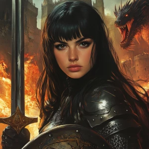 Design an image featuring a stoic female knight in medieval armor, posing heroically with a sword, against a backdrop of a fire-breathing dragon and a majestic castle. She has long, straight black hair with bangs, dark expressive eyes emphasized by eyeliner and eyeshadow, and arched, well-defined eyebrows. Her fair to medium skin tone is complemented by a warm, friendly smile with dimpled cheeks, a straight, well-proportioned nose, and full lips. The knight brandishes a shield, defending against the dragon's fiery onslaught, embodying the essence of a brave warrior engaged in battle.