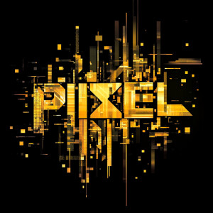 the word PIXEL written in an artistic, geometric style using gol...