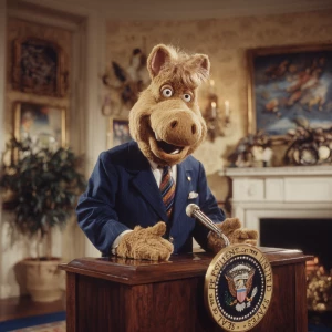 ALF from the TV show ALF dressed in a presidential suit, standin...