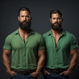 bodybuilder men stand side by side. Both have thick, full beards...