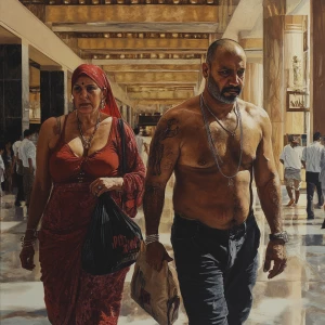 Hyperrealistic painting.A sweaty beefy man walking with his 54 y...