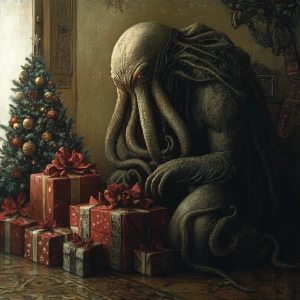 H R Giger inspired image of Cthulhu celebrating Christmas
