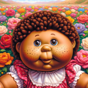 African-American cabbage patch doll with huge dimples, and freckles and flowers in the background