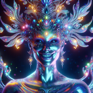 An ethereal humanoid figure adorned in a shimmering rainbow of c...