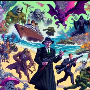 Pixar style. middle aged gaunt man on an island in pinstriped su...