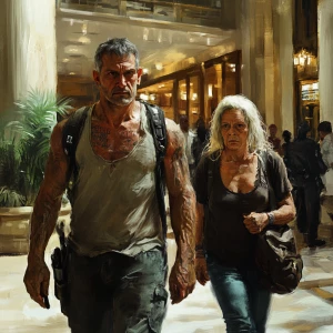 Digital art HD 1:1.A sweaty  man walking with his 54 year old au...
