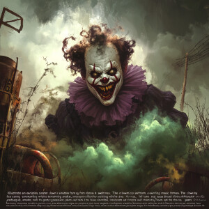 "Illustrate an eerie, sinister clown emerging from a swirling ma...