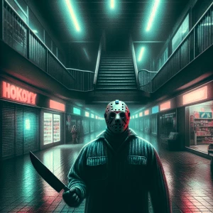 "dark abandoned mall, a menacing figure in a hockey mask with a...