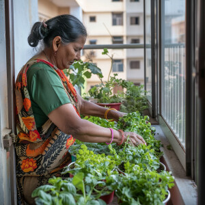 A Indian mother having a small kitchen garden in an apartment ba...
