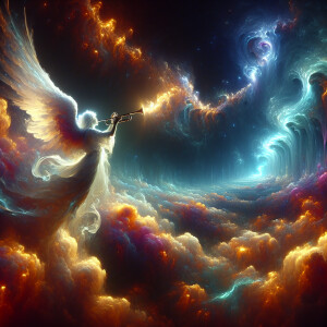 An angel playing a trumpet in the clouds cover, ultra-detailed p...