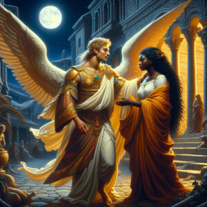 Create an oil painting image featuring a male angel and a grievi...