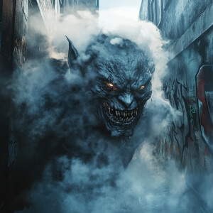 a hyperrealistic, cinematic image of a macabre vampire-goblin ma...