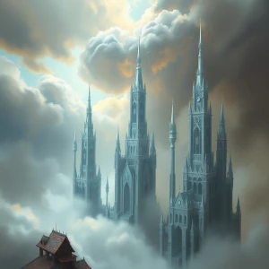 A hauntingly ethereal specter of a cloud city, its towering spir...