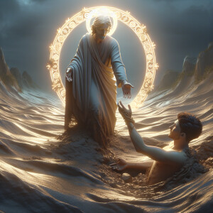 Jesus Christ extends his hand to a young man who is drawning in...
